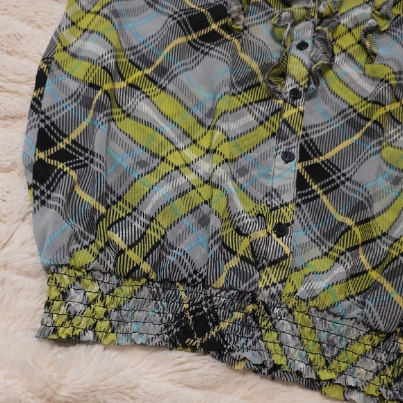 Plaid Ruffle Button-Front Top - Green/Blue/Black - Picture 2 of 9